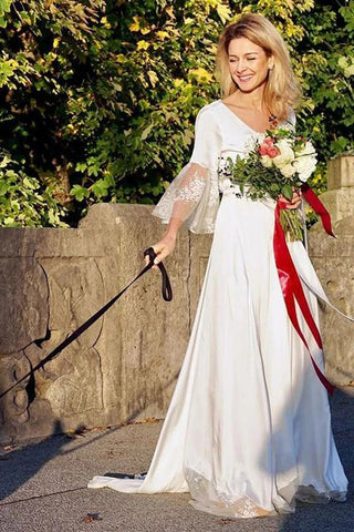Boho Satin Wedding Dress with V-neck, V-back and Lace Details, WD2303045