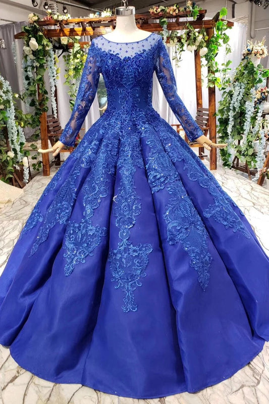 Royal Blue Appliqued Ball Gown - Long Sleeve Prom Dress, PD23022231