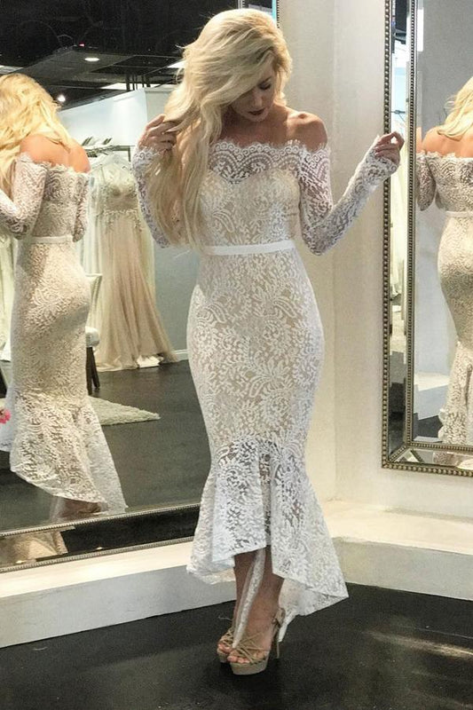 Lace Mermaid Cocktail Wedding Dress with Off-Shoulder Neckline and Short Length, WD2302246