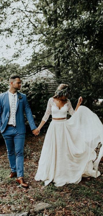 Rustic Two-Piece Ivory Chiffon Wedding Dresses with 3-4 Sleeve and Lace, PD23030133