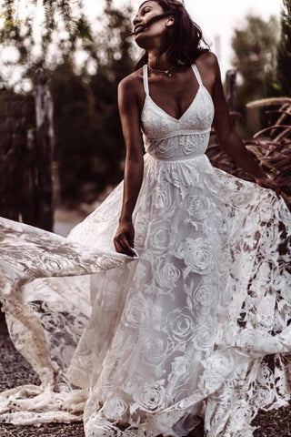 Lace Straps A-line V-neck Long Wedding Dress, WD23022336
