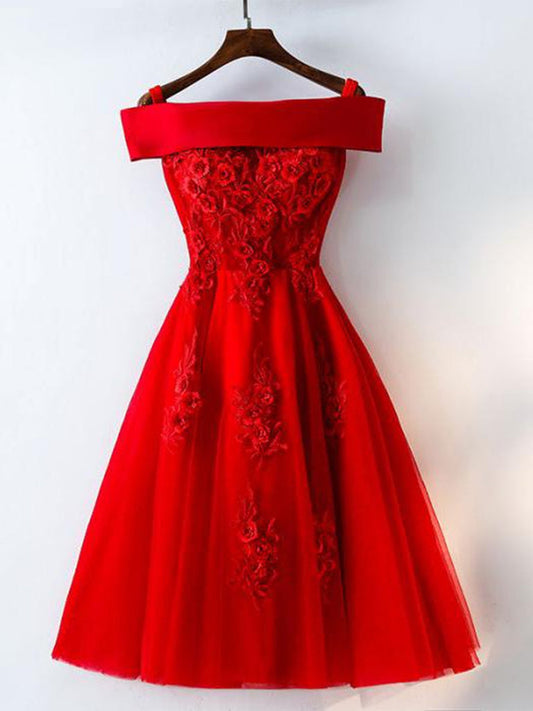 Red Lace Off-the-Shoulder Bridesmaid Dress, BD2303183