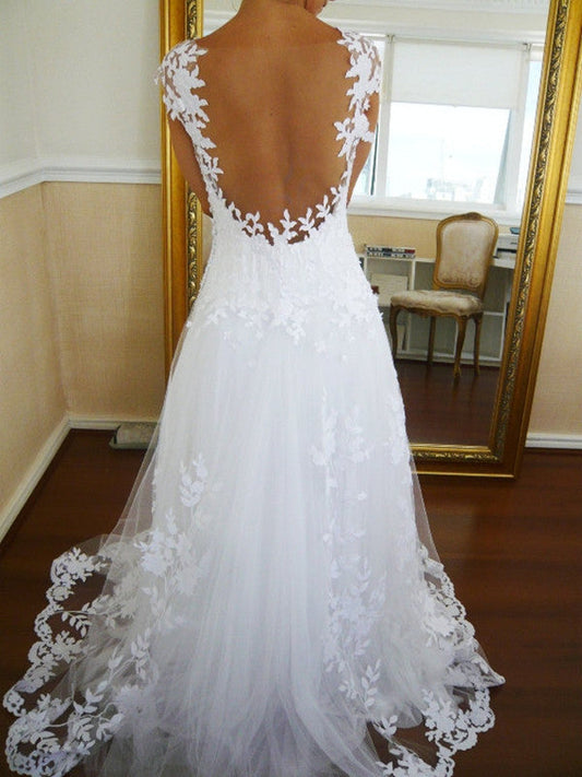 Long Backless White Lace Wedding Dress, WD2302268
