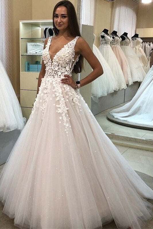 A-line Tulle V-neck Wedding Dress with Floral Appliques, WD23022669