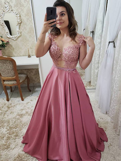 Sheer Scoop Cap Sleeve A-Line Prom Dress with Pleated Appliques, PD23031518