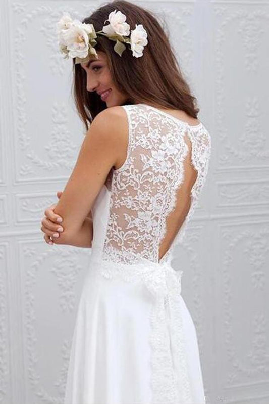 Simple White Chiffon Beach Wedding Dress with Lace Details and Open Back , WD23022398