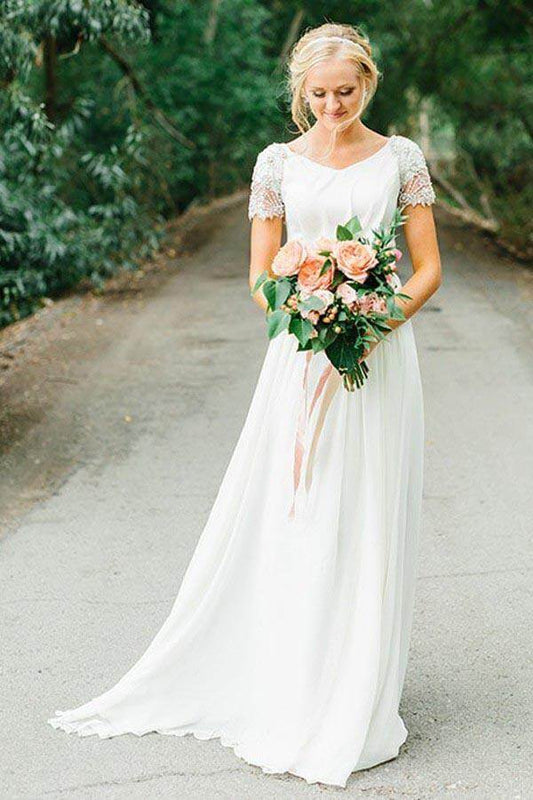 Beaded Chiffon A-line Wedding Dress with Short Sleeves and V-neckline, WD2302241