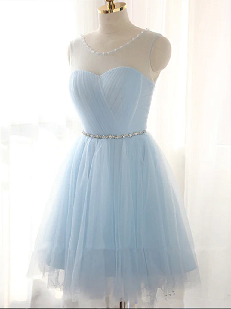 Round Neck Short Blue Bridesmaid Dresses, BD2303184