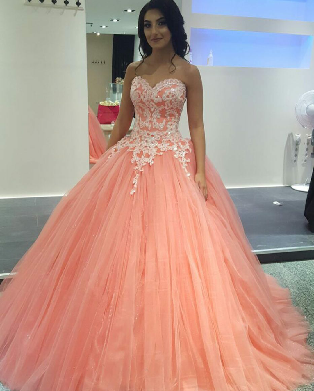 Peach Tulle Sweetheart Ball Gown Prom Dress, PD23032215