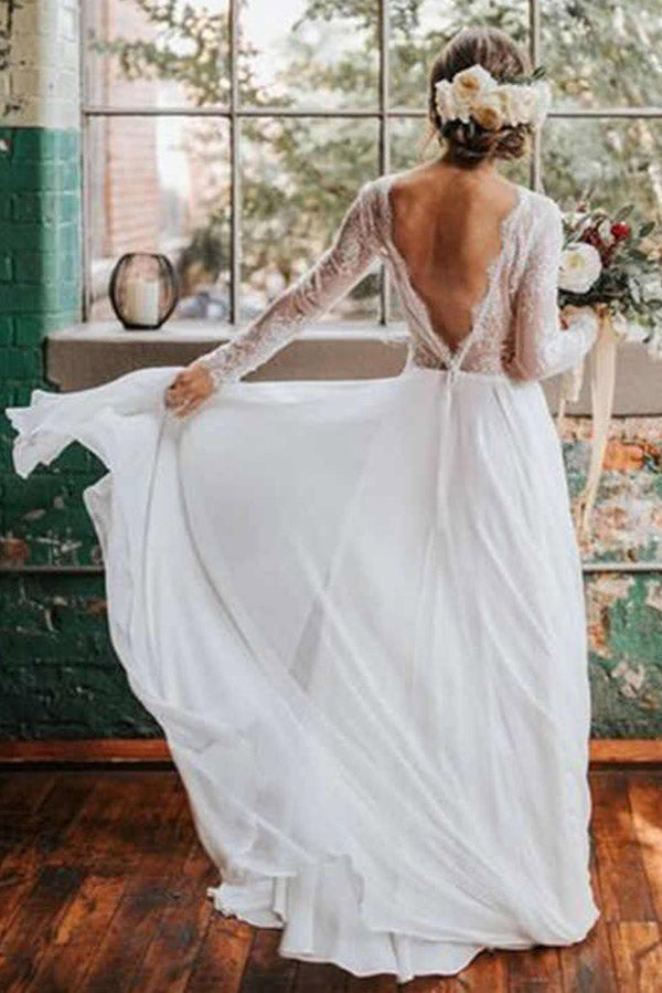 Romantic Boho Beach Wedding Dress with Long Sleeves and Lace Back, WD23041110