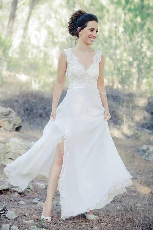 Lace Applique Chiffon A-line Beach Wedding Dress with Train, WD230223112