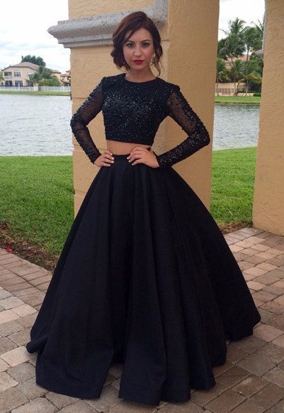 Junoesque Black Satin 2-Piece Prom Dress with Beading and Long Sleeves, PD23022244