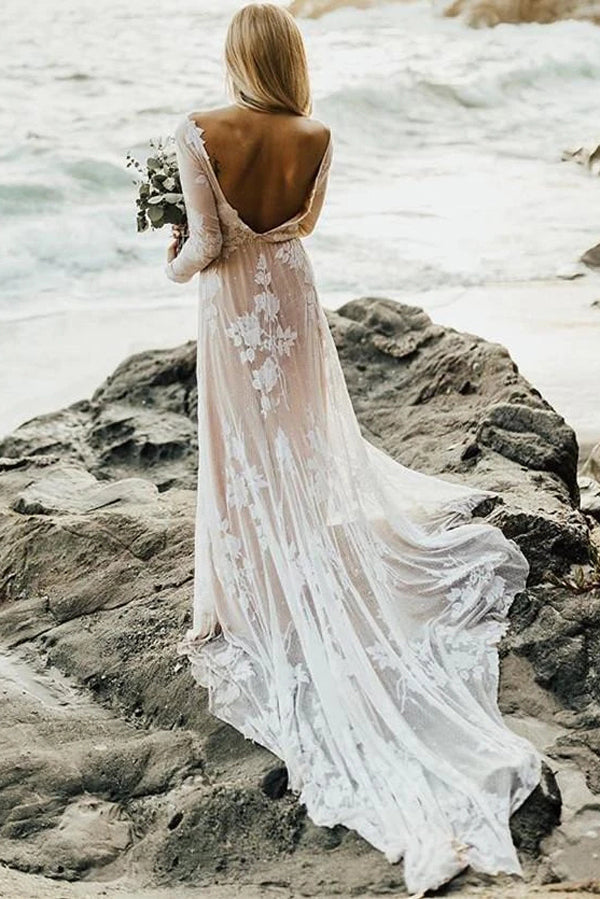 Boho A-line Wedding Dress with Long Sleeves and Backless Design, WD2303020