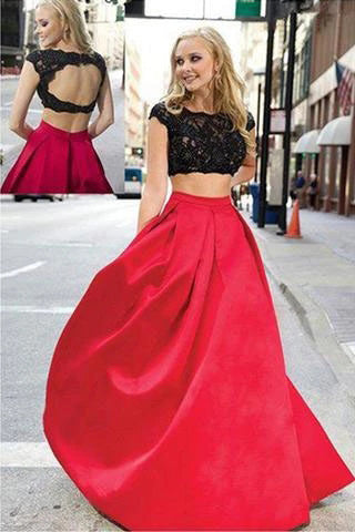 Red and Black Two Piece Lace Floor-length Prom Dress, PD2302226