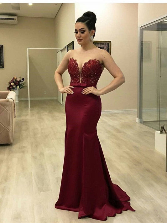 Burgundy V-Neck Lace Beaded Bowknot Satin Mermaid Prom Dress, PD23031323