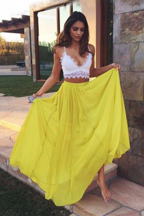 Yellow Chiffon Two-Piece Sweetheart Lace Long Prom Dress, Perfect for Evening Events, PD2303048