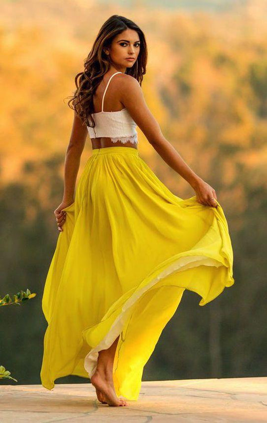 Yellow Chiffon Sweetheart Lace Prom Dress with Long Skirt, PD2303017