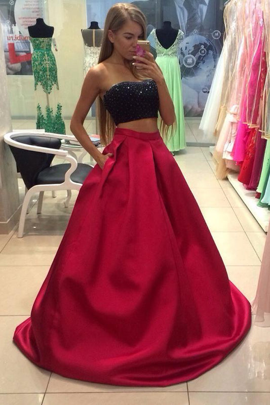 Red Satin Beaded A-Line Two-Piece Prom Dress, PD23030213