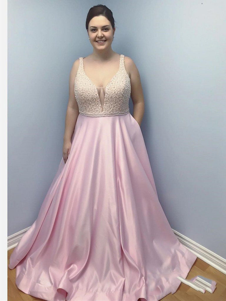 Plus Size A-Line Backless Sleeveless White Beaded Pink Satin V-Neck Prom Dress, PD2303232