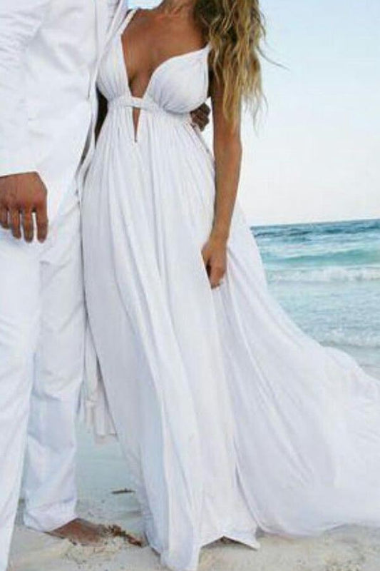 Simple White Chiffon Beach Wedding Dress with Open Back and Sleeveless Design, WD23022386