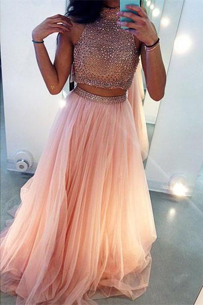 Two-Piece A-Line High Neck Sleeveless Long Prom Dress with Beading, PD2303046