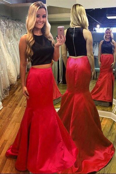 Red Mermaid Two-Piece Sleeveless Prom Dress with Sweep Train, PD2303042