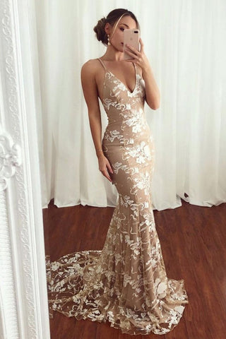 Champagne Lace V-Neck Backless Prom Dress with Lace Up, PD2304105