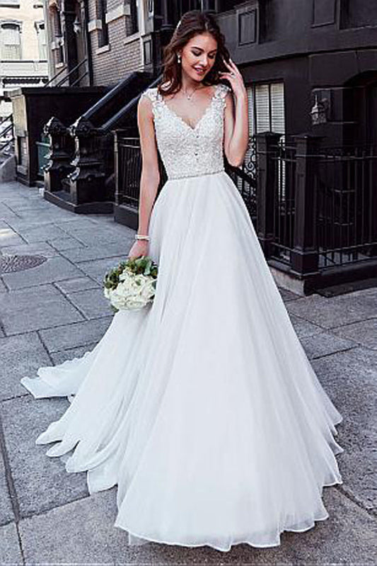 Tulle A-line Wedding Dress with V-neckline and Beaded Lace Appliques, WD23022388