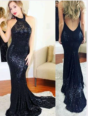 Black Backless Sequined Mermaid Prom Dress, PD2303130