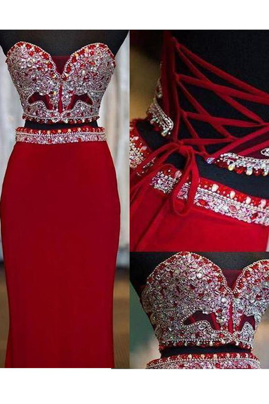 Beaded Red Two-Piece Mermaid Long Prom Dress with Lace Up Back, PD23030321