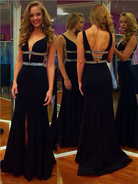 Black Sweetheart Sheath Prom Dress with Side Slit, Beaded Detail, and Backless Design, PD2303152