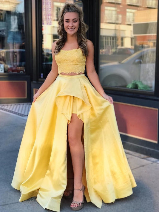 High-Low Yellow Lace 2 Piece Graduation Dress, PD2303011