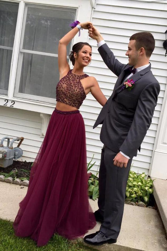Fabulous Two-Piece Halter Maroon Backless Long Prom Dress with Beading, PD23022252