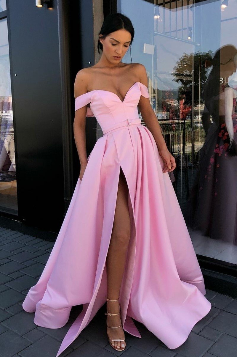 Pink Satin A-Line Prom Dress with Off-Shoulder Design, Sweetheart Neckline, and Side Slit, PD23031514
