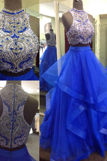Royal Blue Beaded Two Piece Ball Gown Top Prom Dress, PD2302227