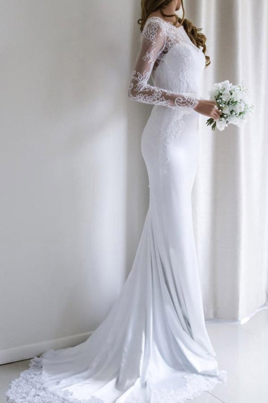 White Long Mermaid Lace Wedding Dress with Long Sleeves and Train, WD23022716