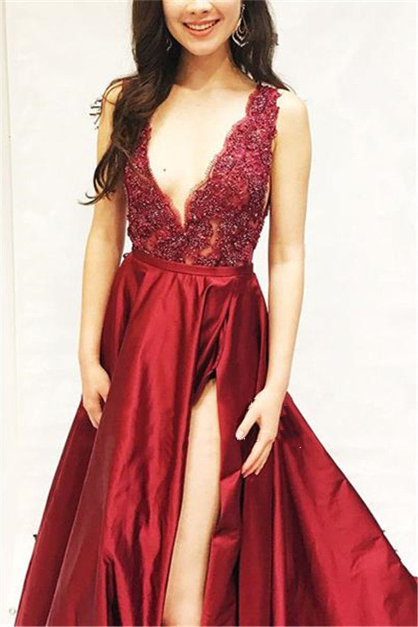 Burgundy Applique V-Neck Side Slit A-Line Prom Dress, PD2303315