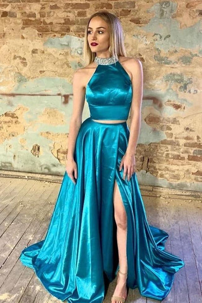 Blue Beaded Two-Piece High Neck A-Line Prom Dress, PD2303314