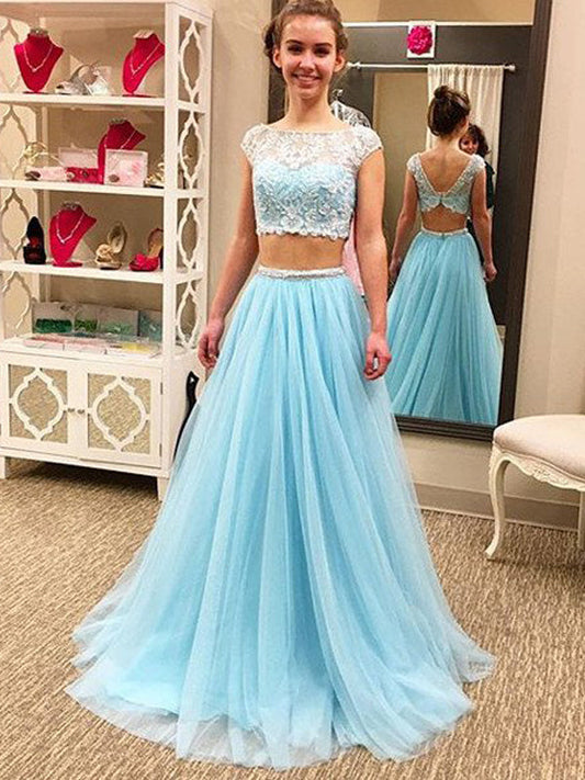 Two-Piece  A-Line  Lace Bateau Blue Tulle Prom Dress with Cap Sleeve, PD23030518