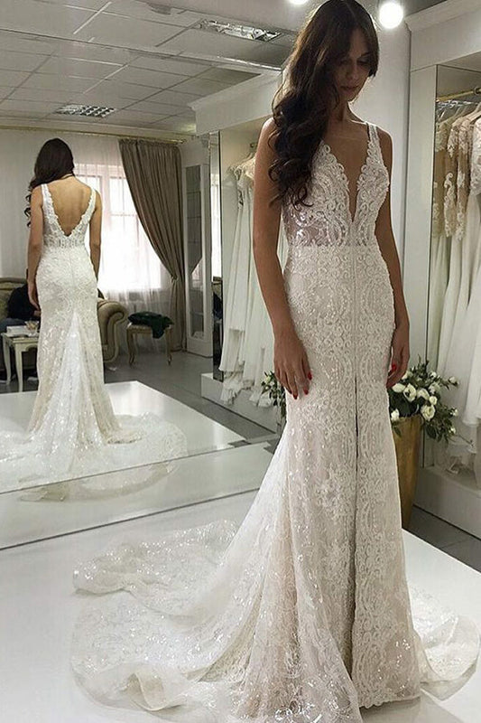 Mermaid Wedding Dress with V-neck, Lace, and Slit Train, WD2302284