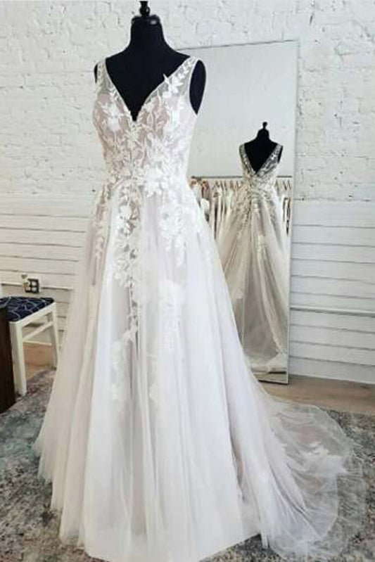 Fairy Tulle A-line Wedding Dress with V-neck, Open Back, and Lace Sleeves, WD2302282