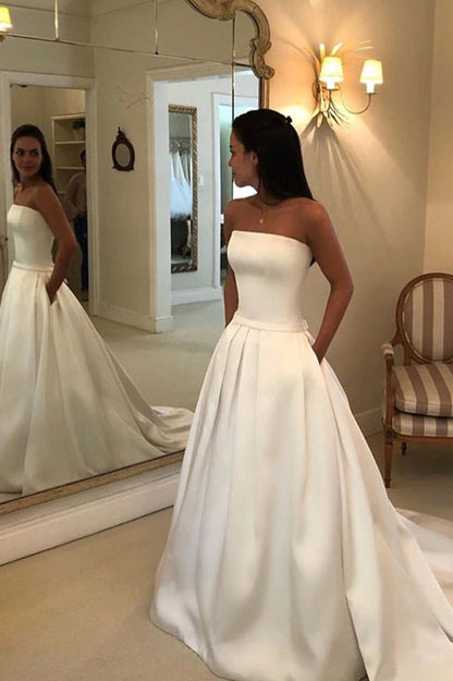 Simple Ivory Satin A-Line Wedding Dress with Pleated Skirt and Court Train, WD2303257