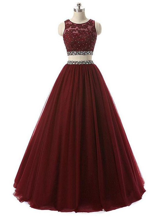 Lace Sequined 2 Piece Formal Prom Dress with Beaded Appliques, PD2303012