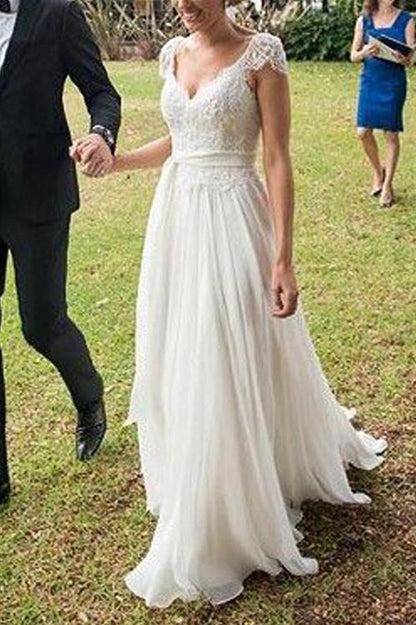 Ivory Lace Cap Sleeves Beach Wedding Dress, WD23022650