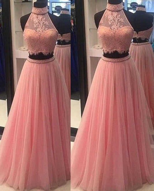 High Neck Two-Piece Tulle A-Line Prom Dress - Princess, PD2303287