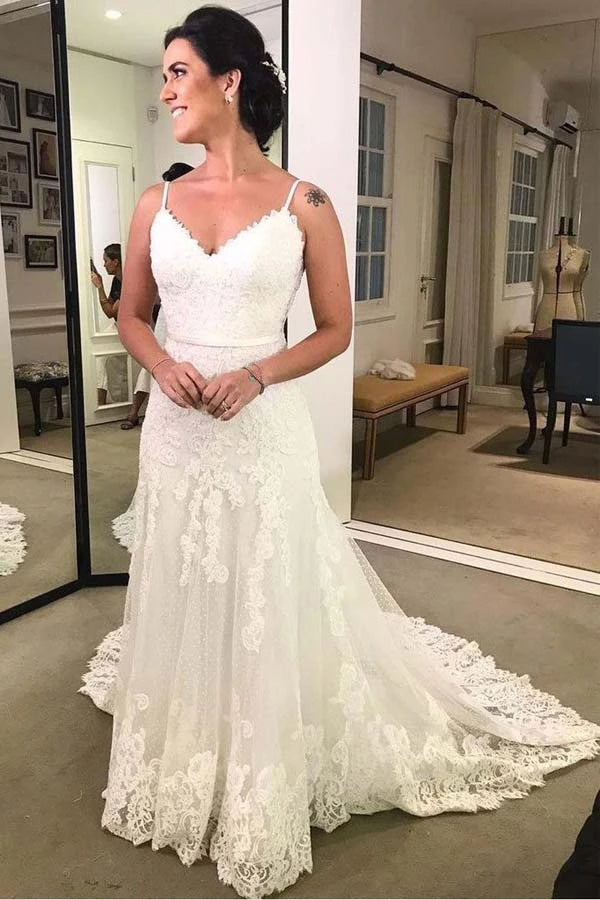 Printed Backless Lace Beach Wedding Dress with Spaghetti Straps and Sash, WD230226107