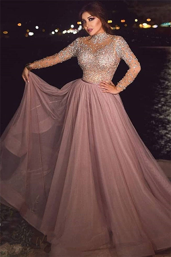 Dusty Rose Long Sleeves Beaded High Neck A-Line Prom Dress, PD2303319