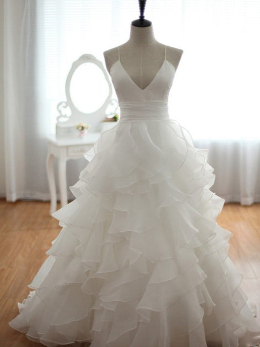 White Wedding Dress with V-Neck and Court Train, WD23022617