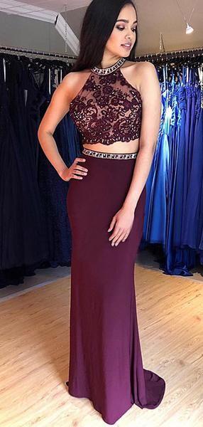 Halter Neck Mermaid Two-Piece Prom Dresses with Lace and Beads, PD23030126