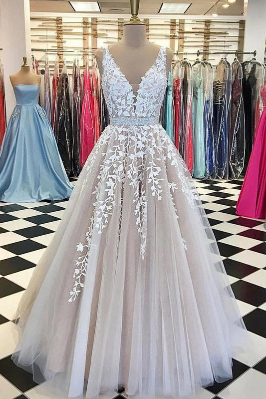 Tulle Ball Gown Prom Dress and Lace Wedding Dress with V-neck, WD2303087